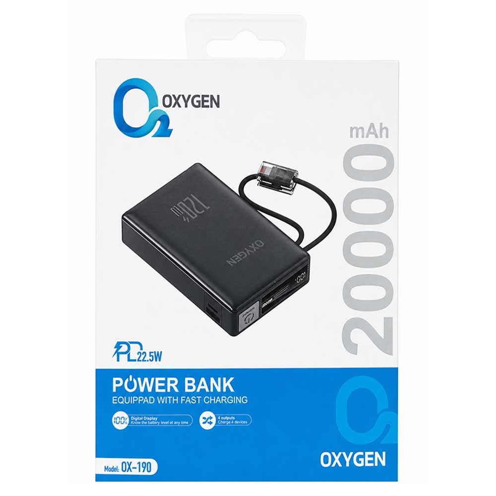 Oxygen-OX-190-PD-22.5W-PD-QC-3.0-20000mah-Power-Bank-Portable.jpg پاوربانک فست شارژ Oxygen OX-190 20000mah PD 22.5W PD - تصویر 1